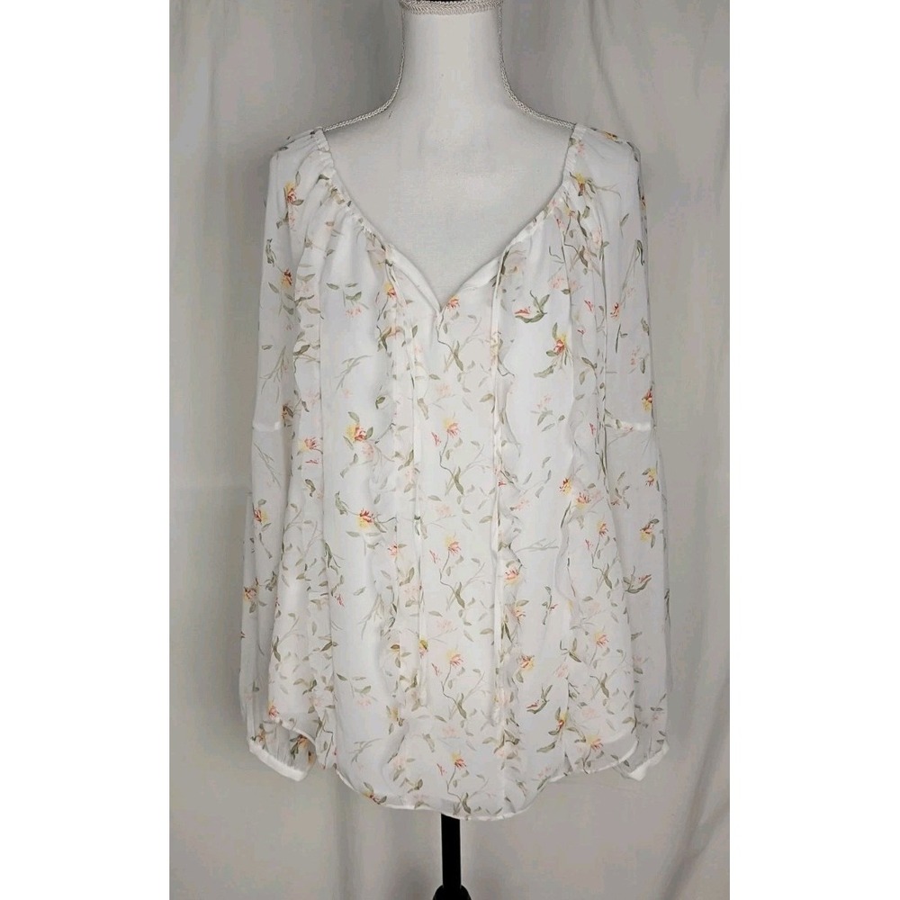 White House Black Market Ramona Blouse Women's Sz 8 Tie Front Lined White Flor